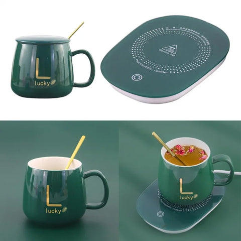 Deryaft®️ Coffee Mug Warmer - 1 set Smart Temperature Control Mug Cup - 13.5oz Heated Coffee Mug with Spoon - Perfect Gift for Men & Women on Business, Birthday, Eid